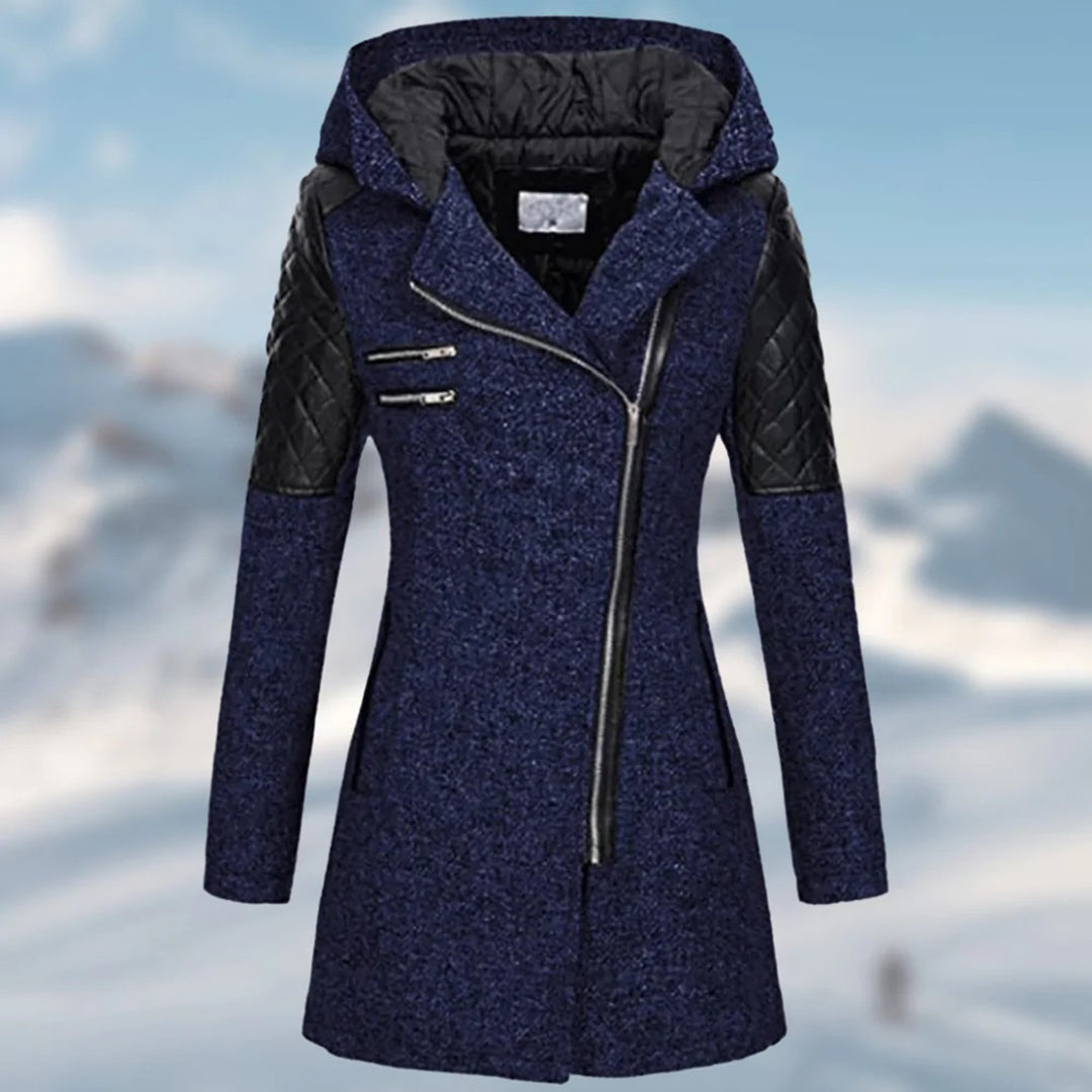 Women's windbreaker hooded coat with diagonal zip