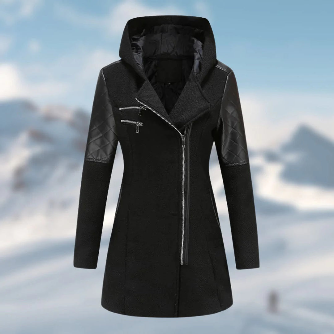 Women's windbreaker hooded coat with diagonal zip