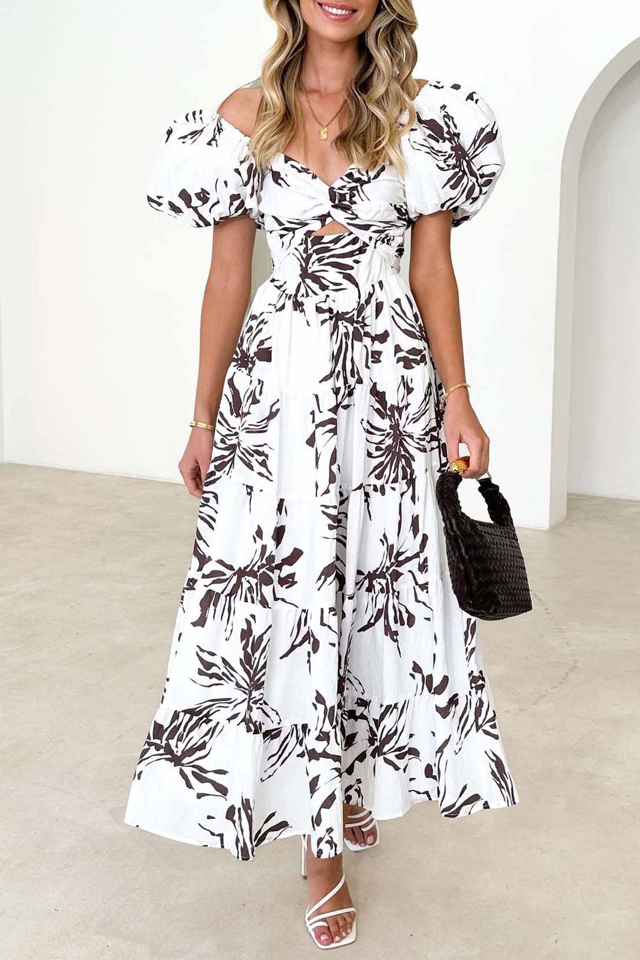 Women's Off-Shoulder Maxi Dress - Floral Print - Puff Sleeve - Tiered A-Line Silhouette