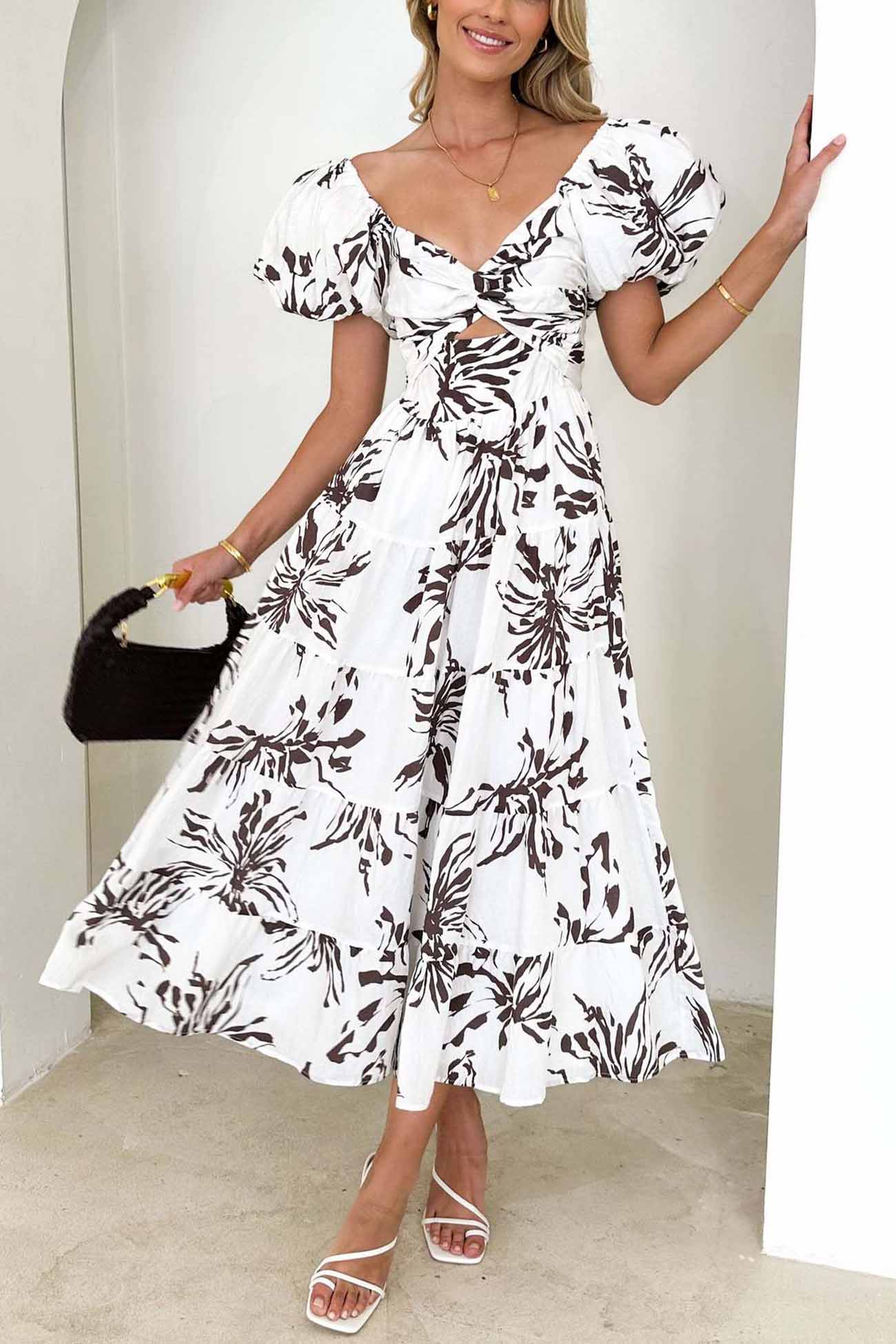 Women's Off-Shoulder Maxi Dress - Floral Print - Puff Sleeve - Tiered A-Line Silhouette