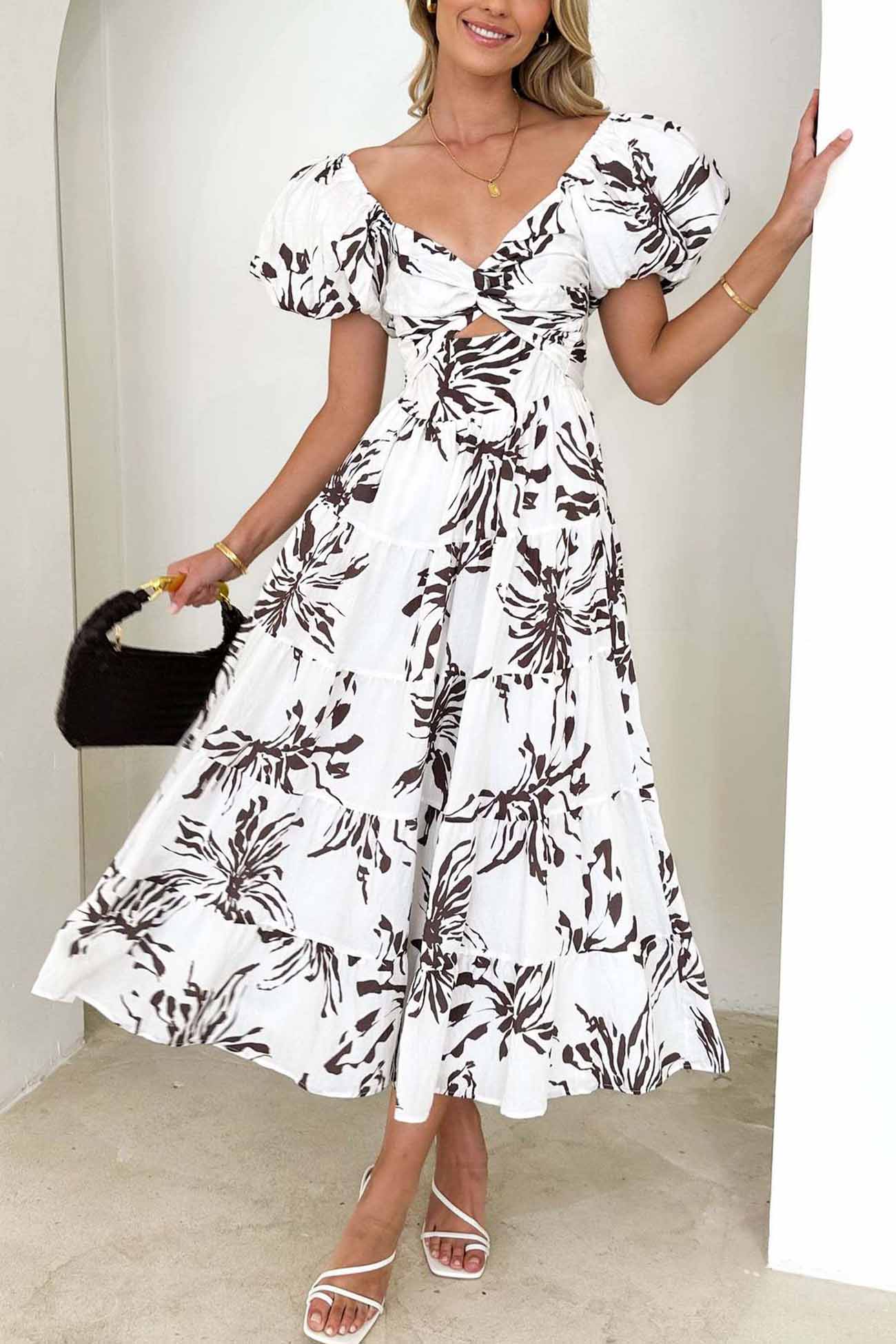 Women's Off-Shoulder Maxi Dress - Floral Print - Puff Sleeve - Tiered A-Line Silhouette