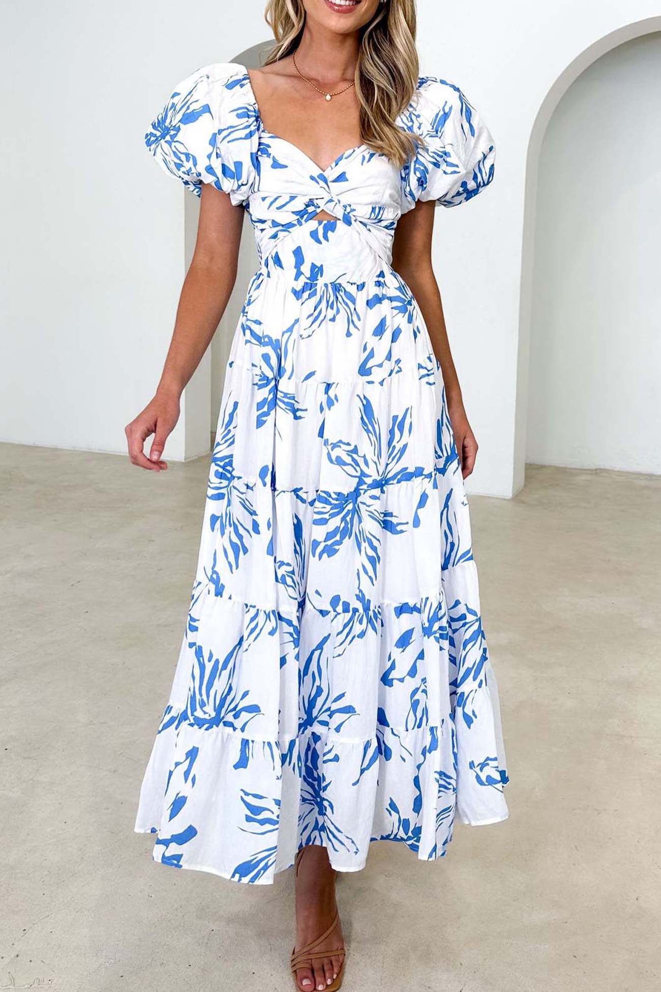 Women's Off-Shoulder Maxi Dress - Floral Print - Puff Sleeve - Tiered A-Line Silhouette