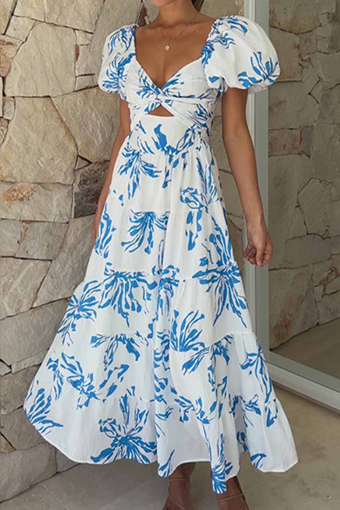 Women's Off-Shoulder Maxi Dress - Floral Print - Puff Sleeve - Tiered A-Line Silhouette