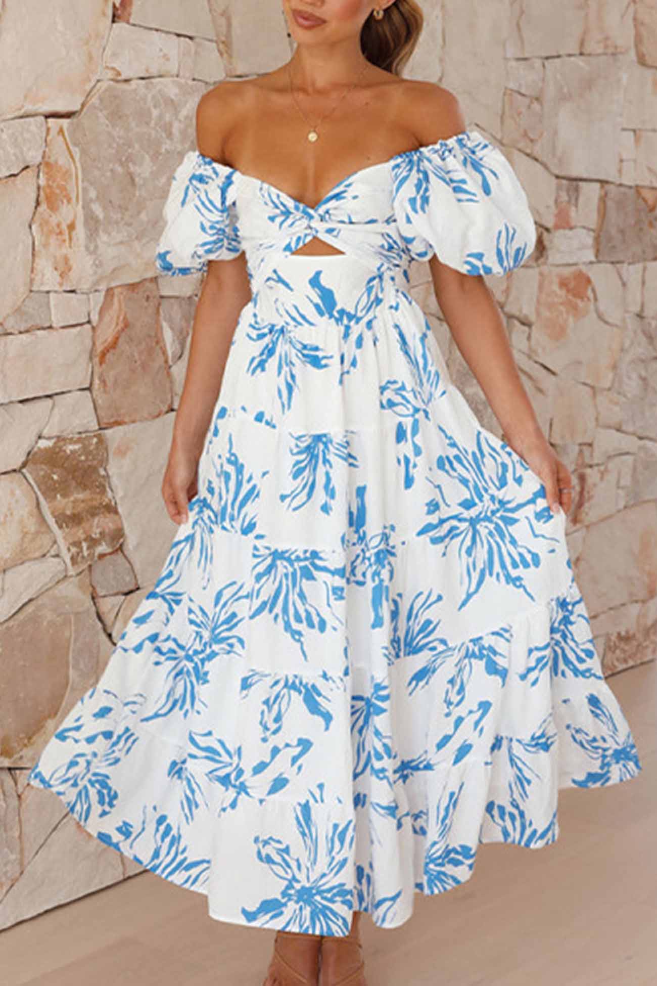 Women's Off-Shoulder Maxi Dress - Floral Print - Puff Sleeve - Tiered A-Line Silhouette