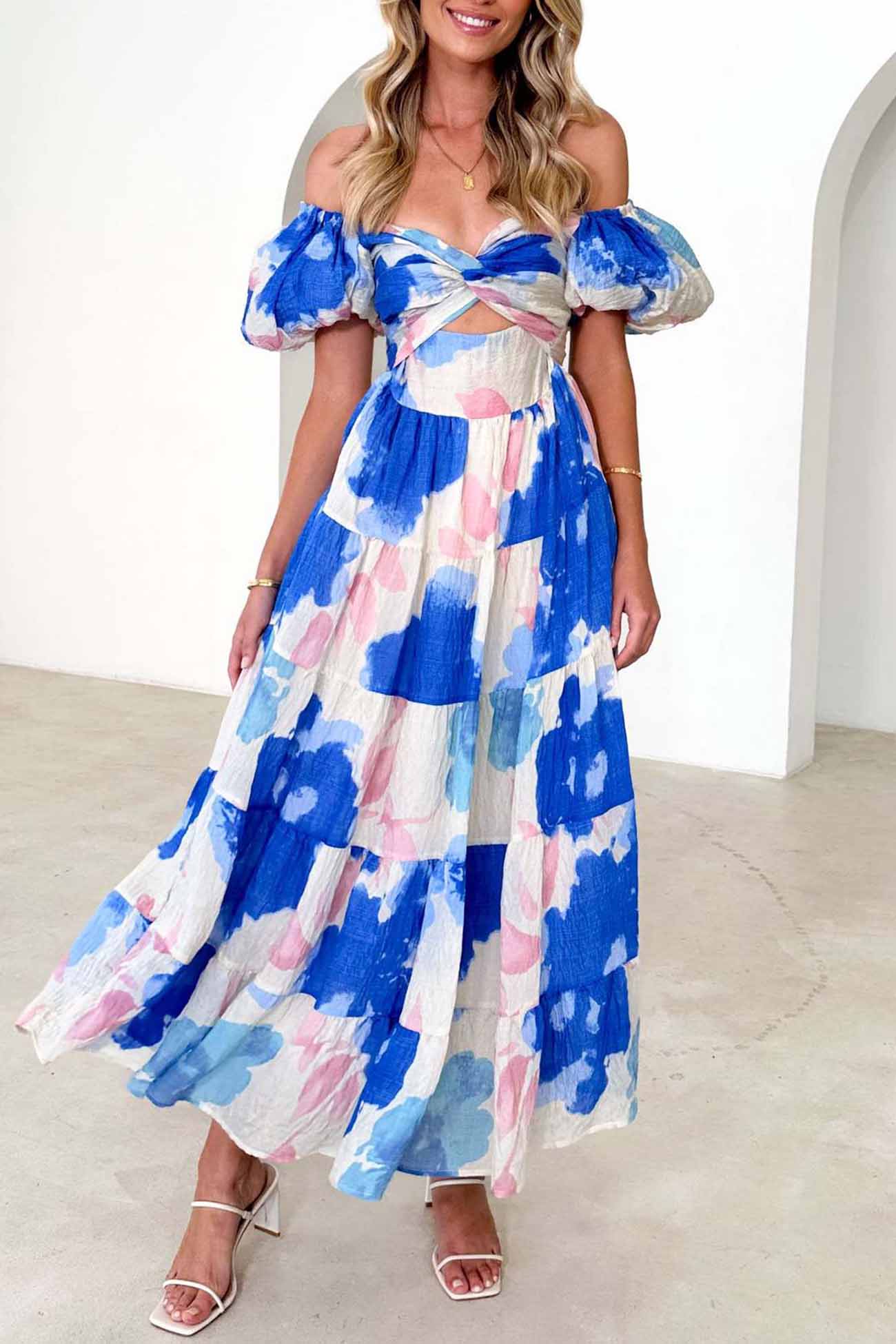 Women's Off-Shoulder Maxi Dress - Floral Print - Puff Sleeve - Tiered A-Line Silhouette