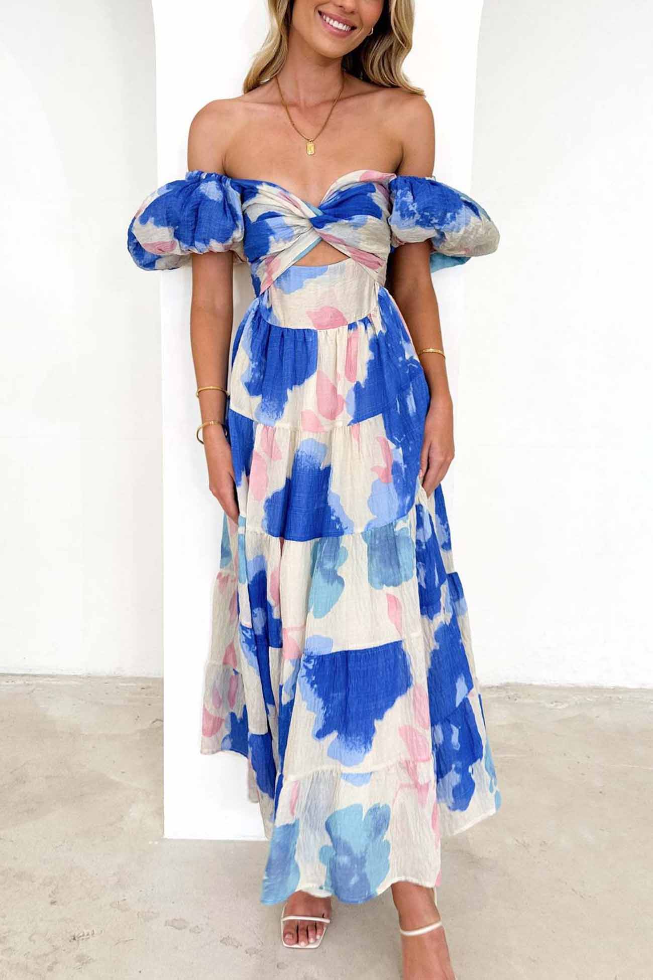 Women's Off-Shoulder Maxi Dress - Floral Print - Puff Sleeve - Tiered A-Line Silhouette