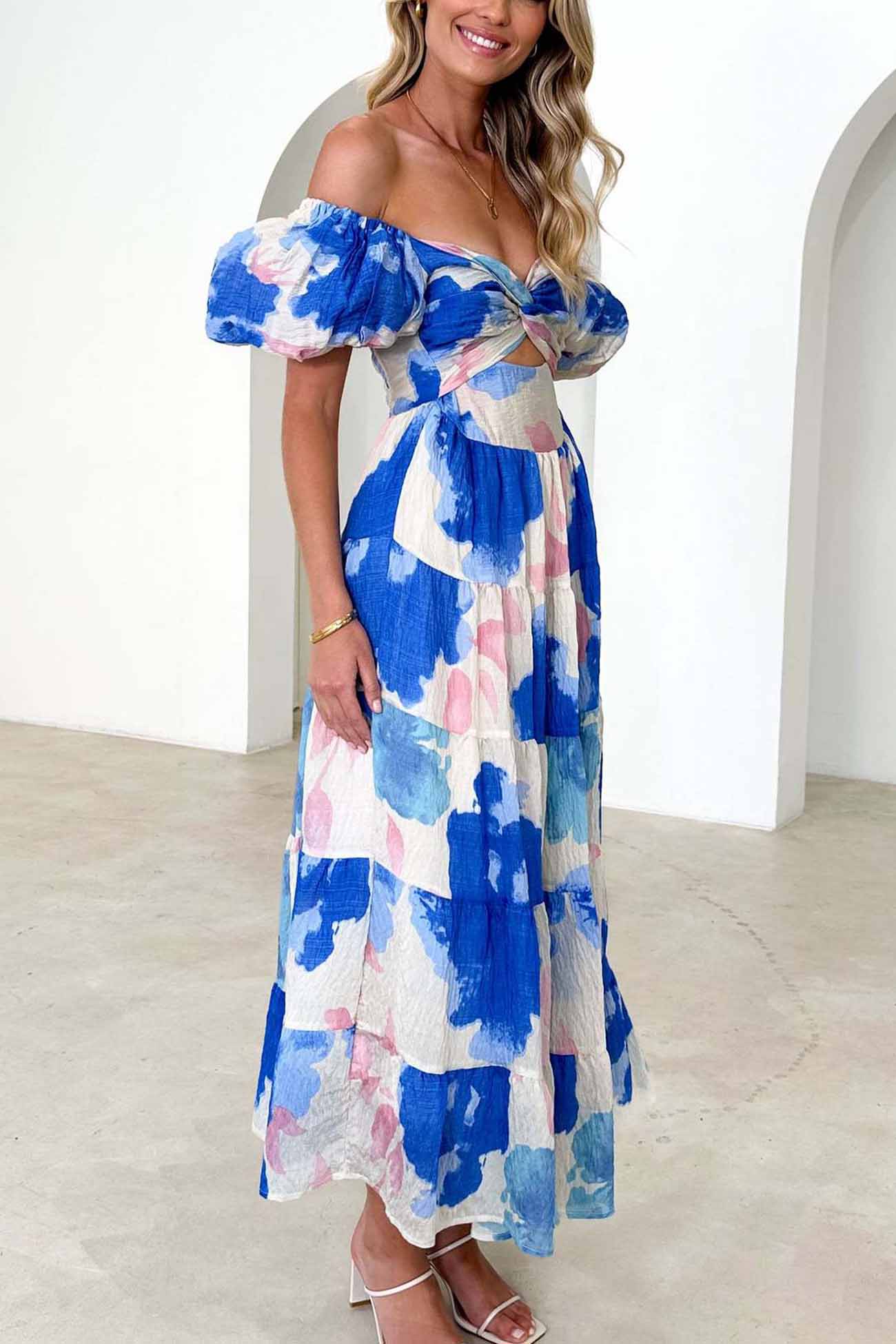 Women's Off-Shoulder Maxi Dress - Floral Print - Puff Sleeve - Tiered A-Line Silhouette