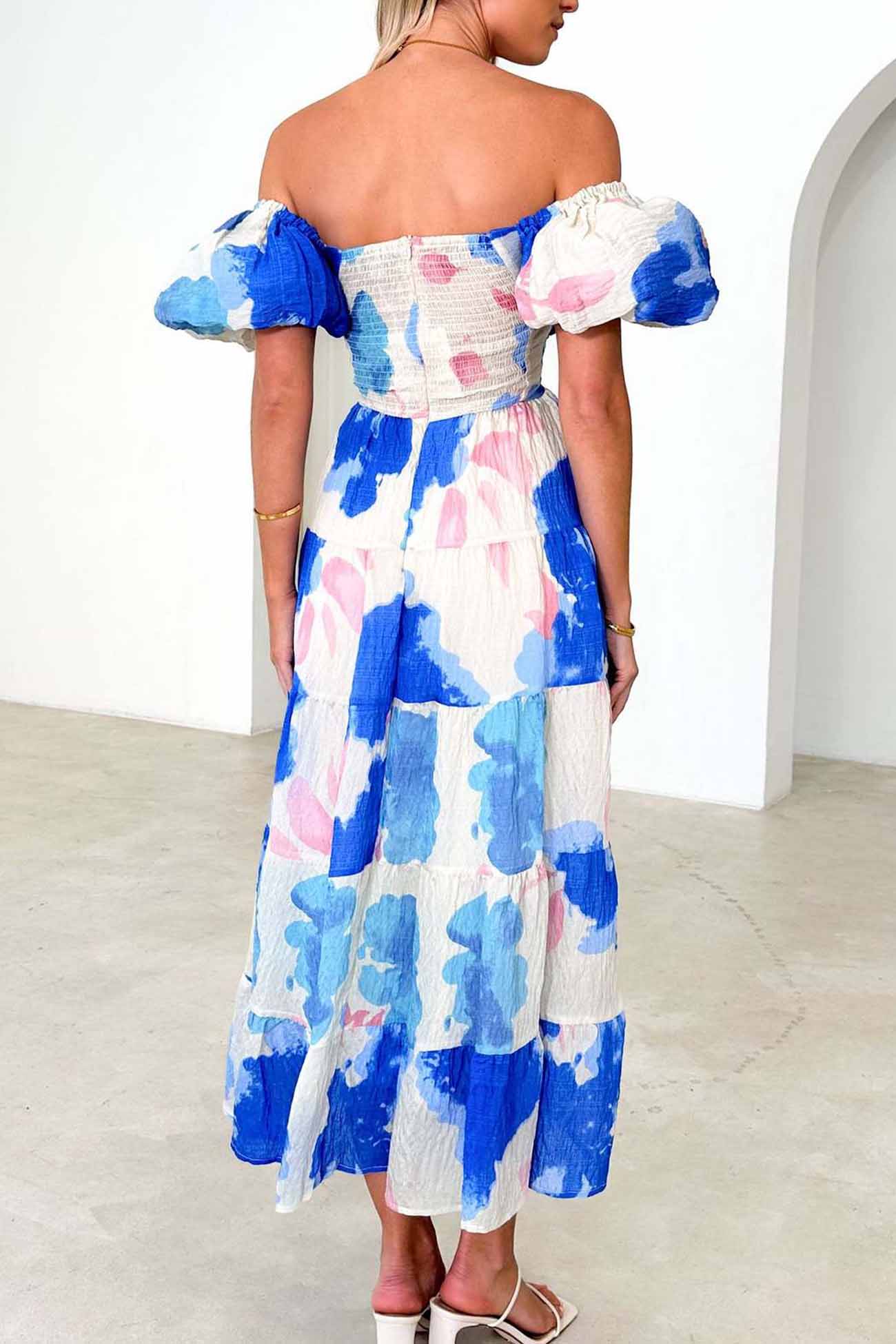 Women's Off-Shoulder Maxi Dress - Floral Print - Puff Sleeve - Tiered A-Line Silhouette