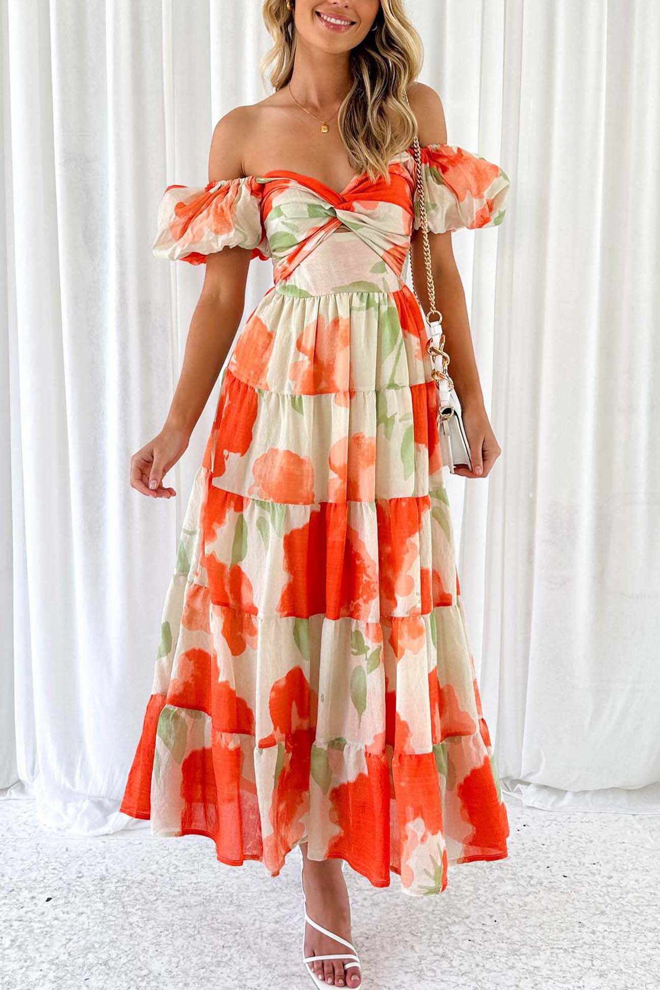 Women's Off-Shoulder Maxi Dress - Floral Print - Puff Sleeve - Tiered A-Line Silhouette