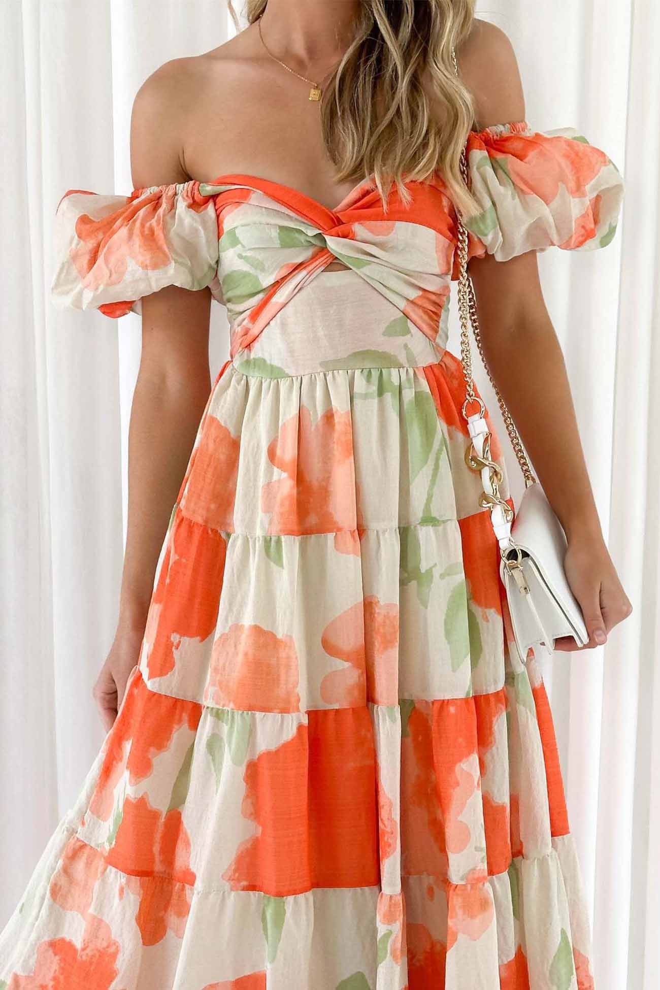 Women's Off-Shoulder Maxi Dress - Floral Print - Puff Sleeve - Tiered A-Line Silhouette