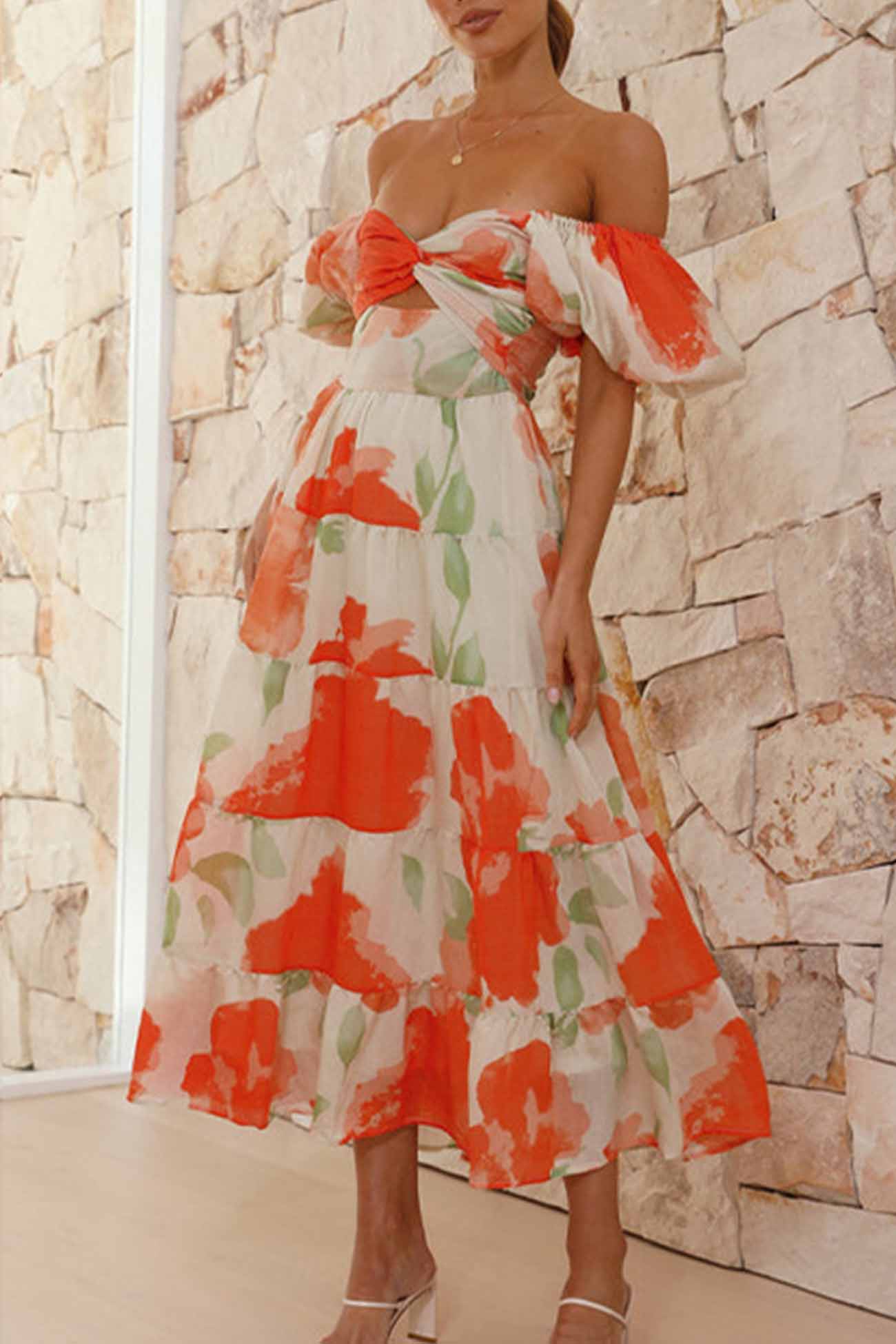Women's Off-Shoulder Maxi Dress - Floral Print - Puff Sleeve - Tiered A-Line Silhouette