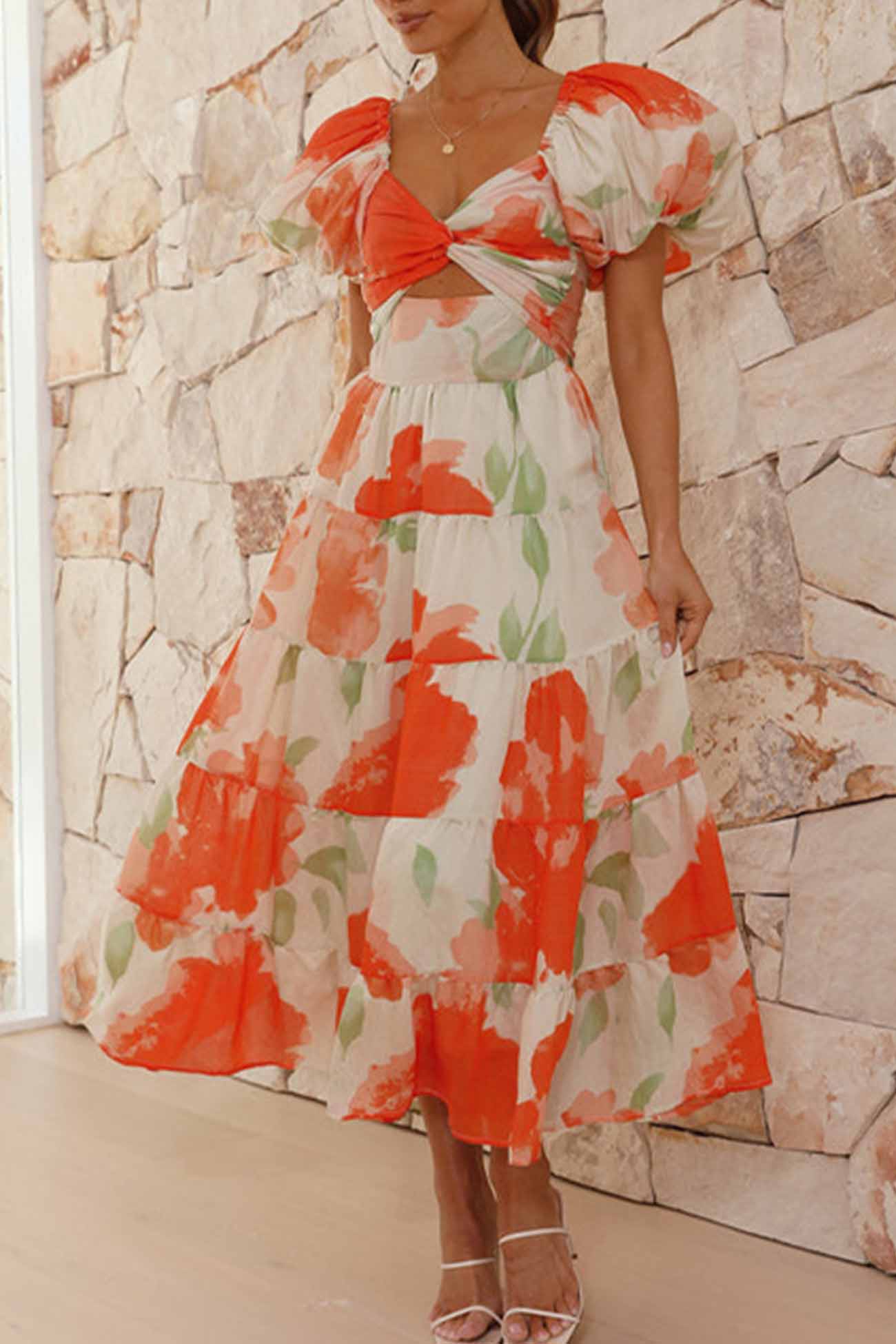 Women's Off-Shoulder Maxi Dress - Floral Print - Puff Sleeve - Tiered A-Line Silhouette