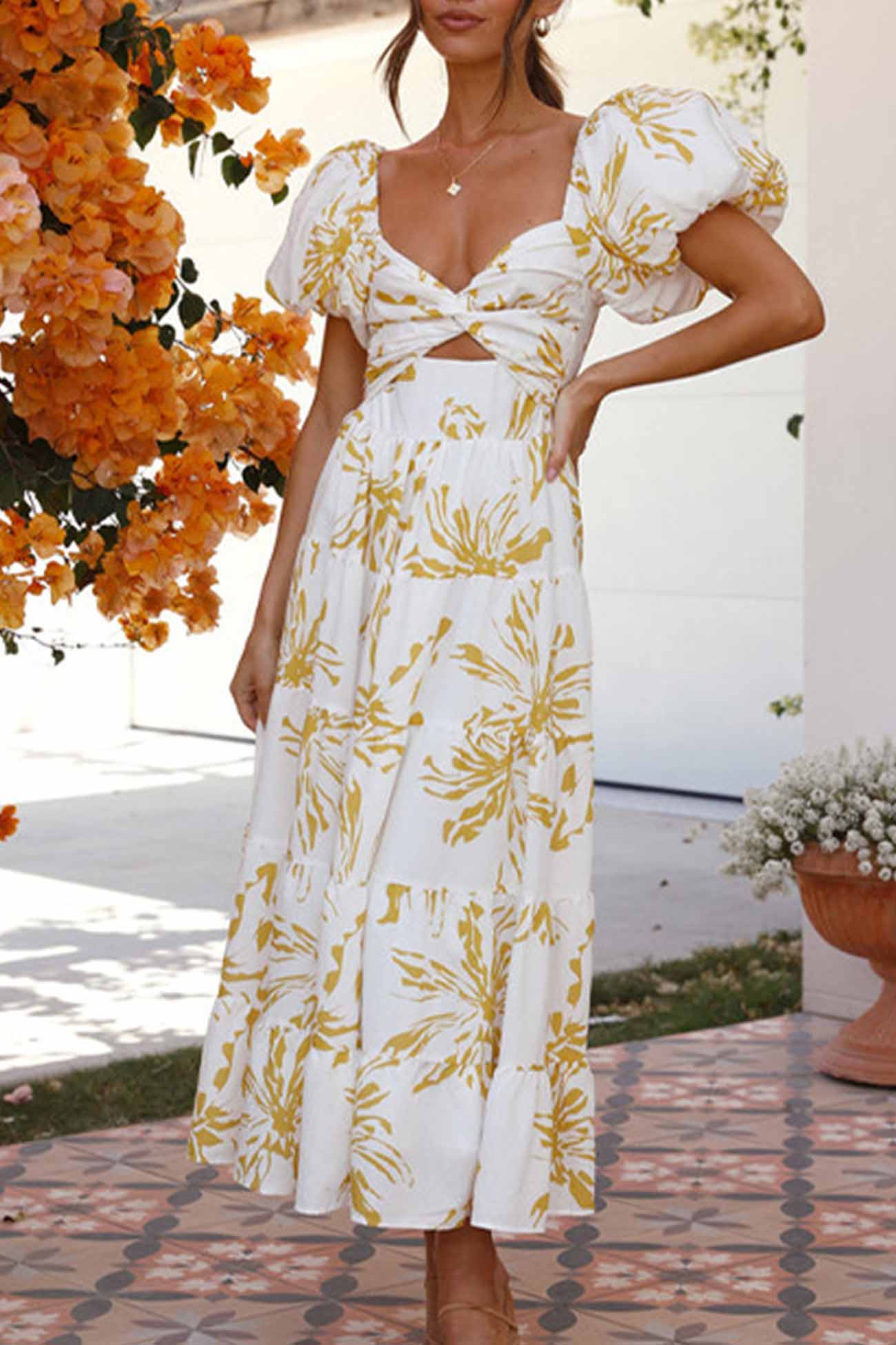Women's Off-Shoulder Maxi Dress - Floral Print - Puff Sleeve - Tiered A-Line Silhouette