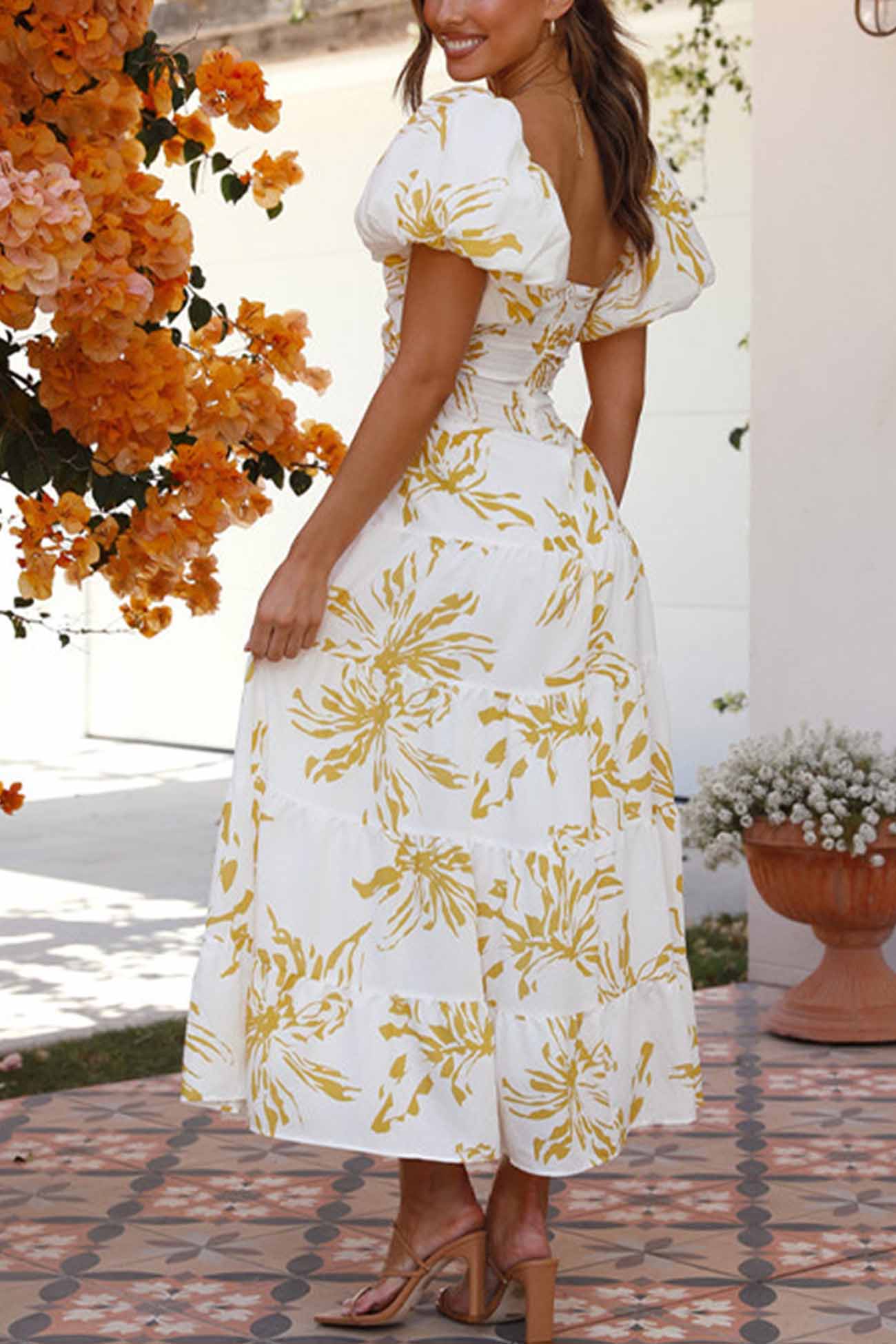 Women's Off-Shoulder Maxi Dress - Floral Print - Puff Sleeve - Tiered A-Line Silhouette