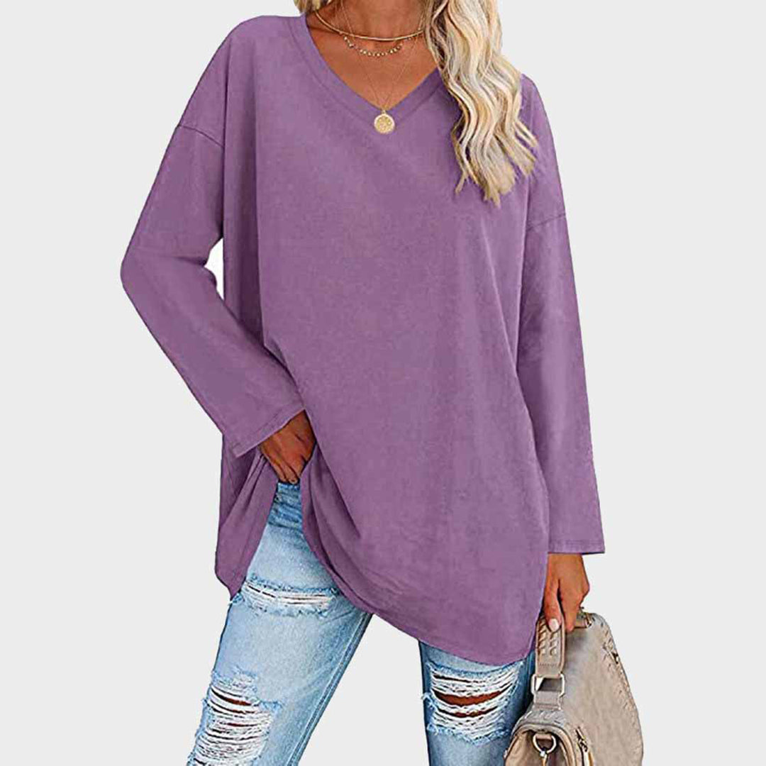 Women's Long-Sleeve Sweater - Loose Fit V-Neck - Soft Knit Casual Tunic