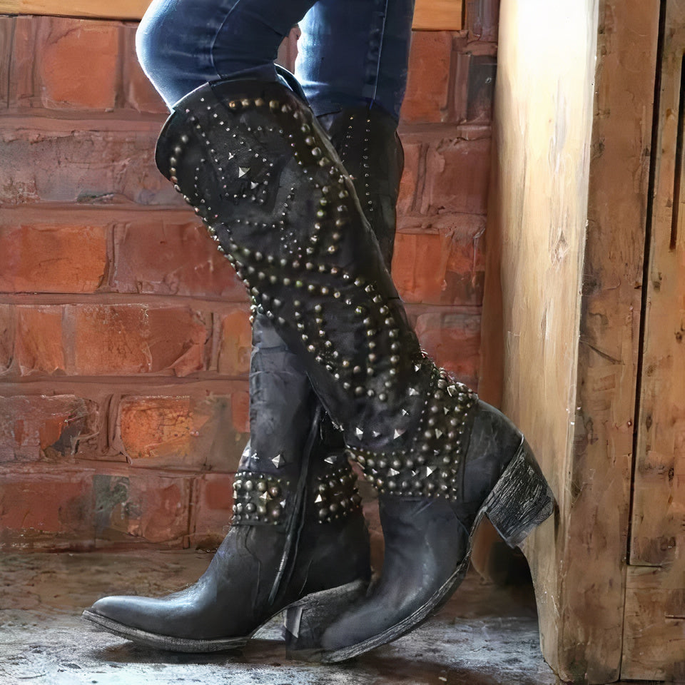Women's rivet long thick heel boots