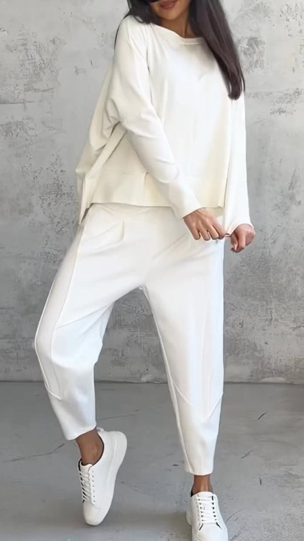 Women's Two-Piece Lounge Set - Loose Fit Long-Sleeve Top & Tapered Pants - Casual Wear