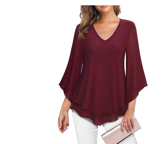 Women's Blouse - V-Neck Layered Design - Loose Bell Sleeves - Flowy Elegant Fit