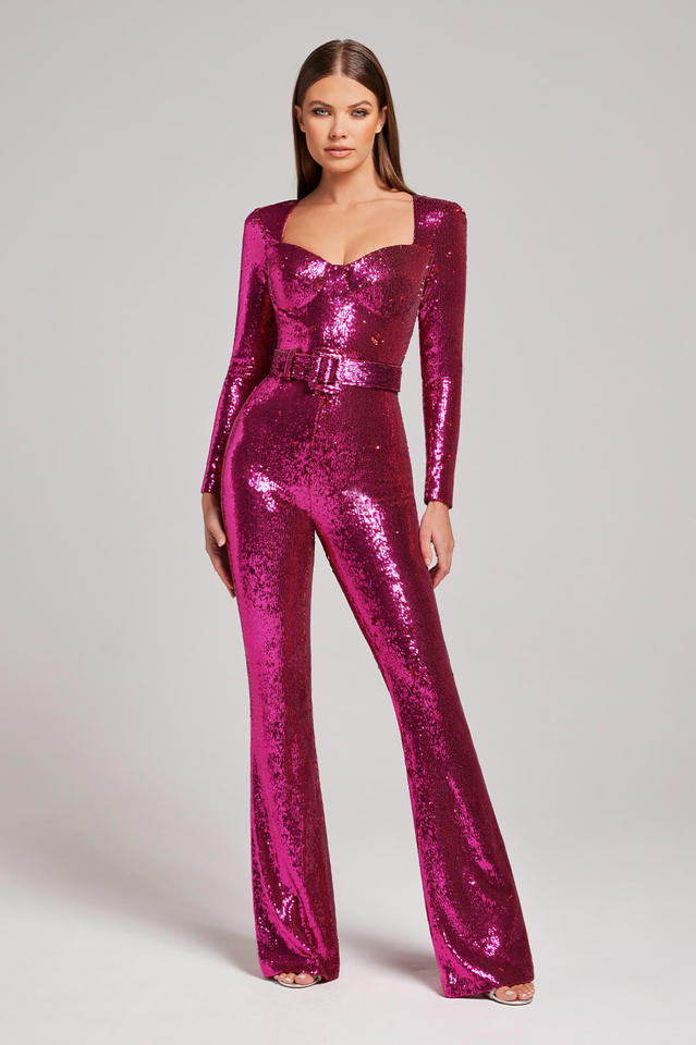 Women's Sequin Jumpsuit - Sweetheart Neckline - Long Sleeve - Belted Elegant Fit