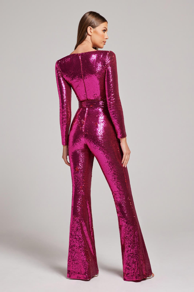 Women's Sequin Jumpsuit - Sweetheart Neckline - Long Sleeve - Belted Elegant Fit