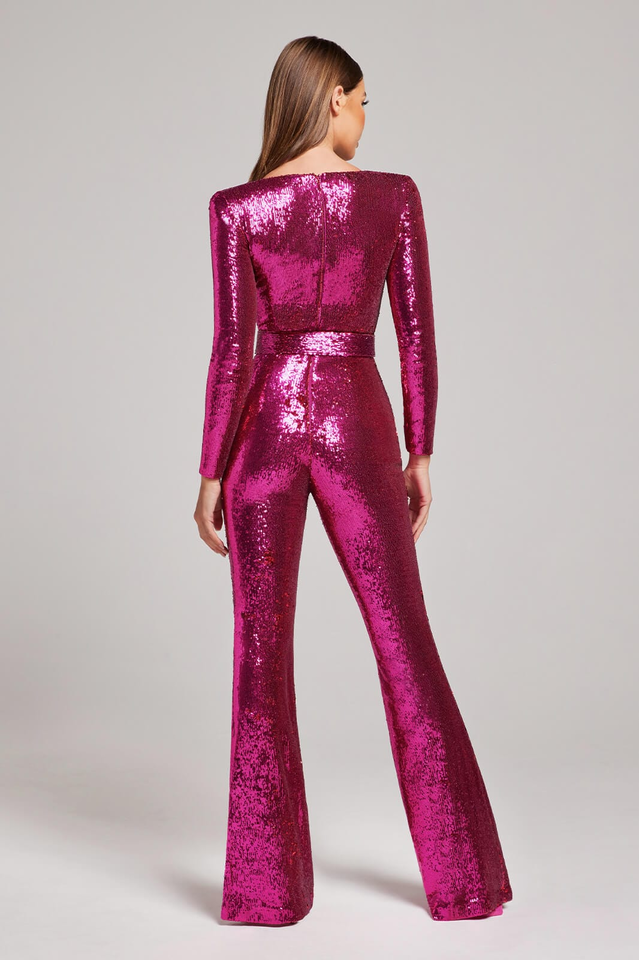Women's Sequin Jumpsuit - Sweetheart Neckline - Long Sleeve - Belted Elegant Fit