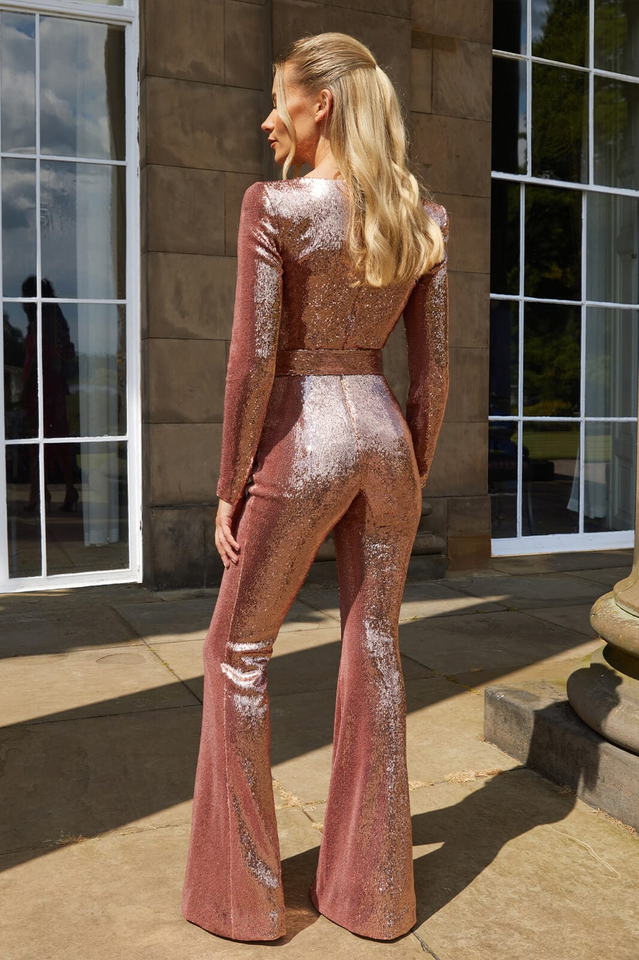 Women's Sequin Jumpsuit - Sweetheart Neckline - Long Sleeve - Belted Elegant Fit