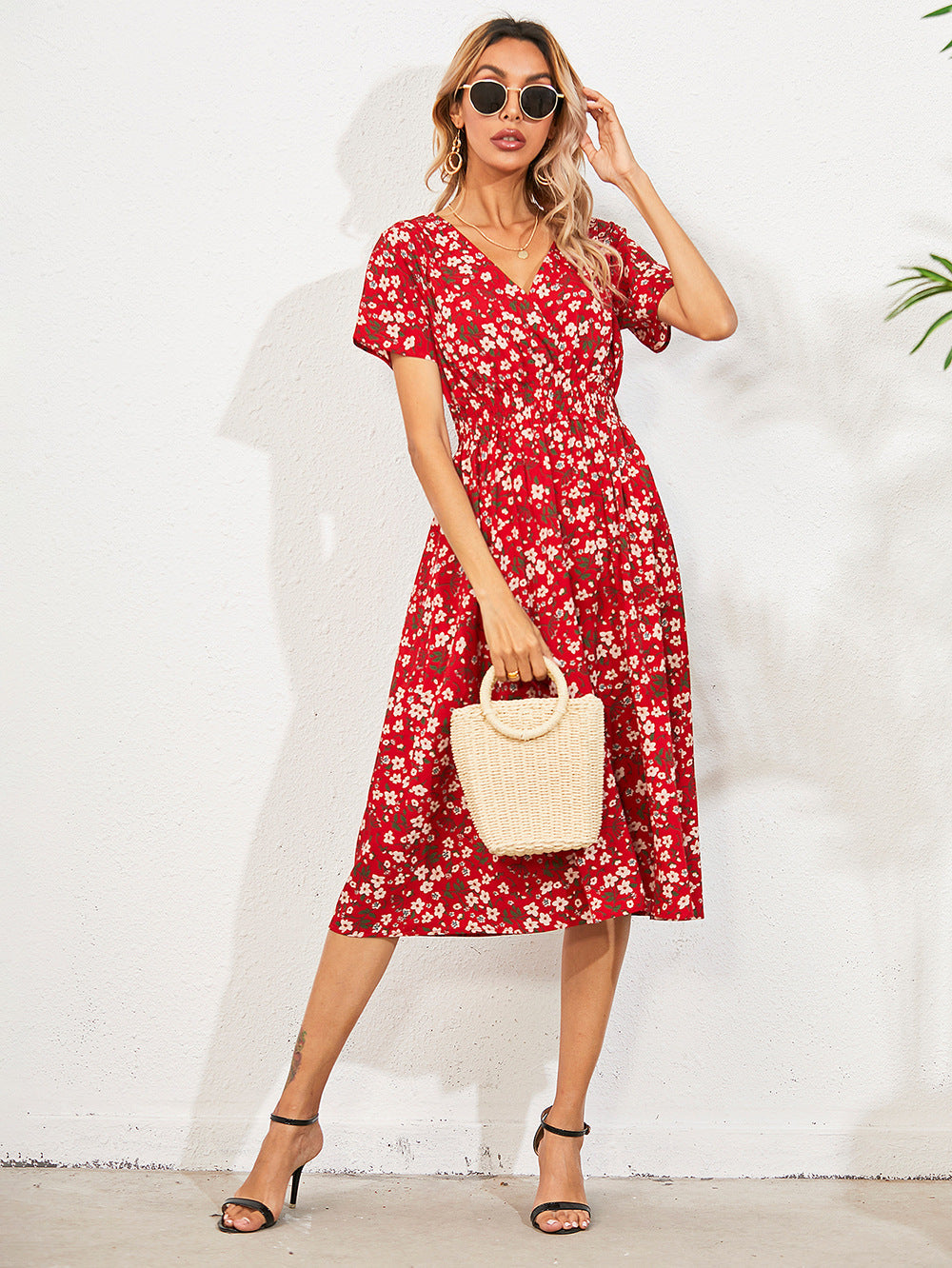 Floral Print Flowy Elastic Waist Midi Dress