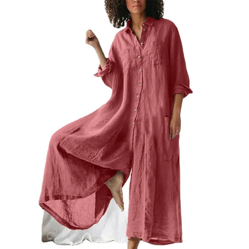 Women’s Jumpsuit – Oversized Fit – Breathable Blend – Full-Length – Button-Down – Pocketed