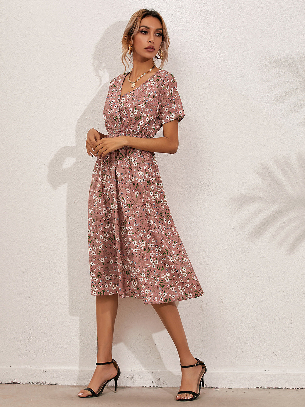 Floral Print Flowy Elastic Waist Midi Dress