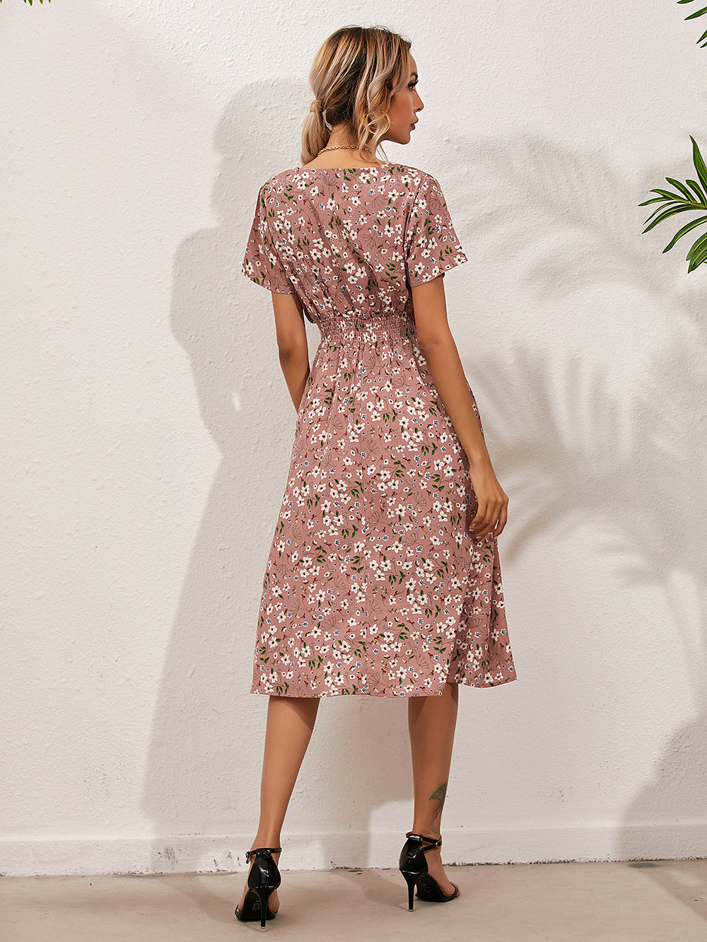 Floral Print Flowy Elastic Waist Midi Dress