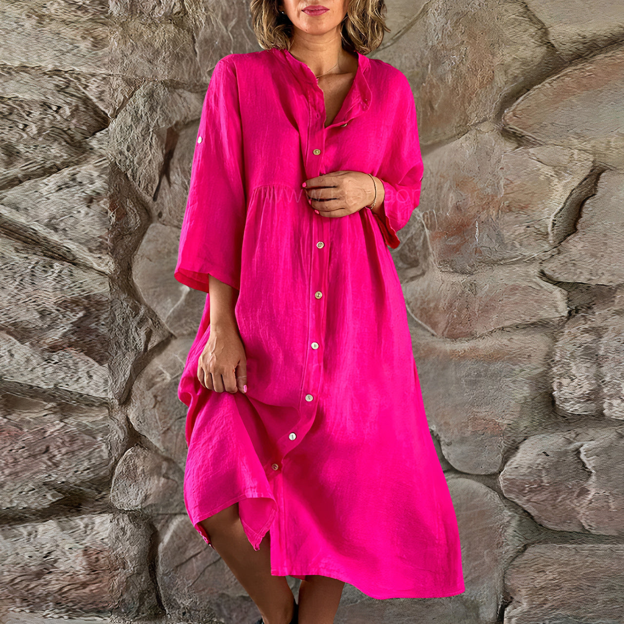 Women's Linen Long Dress - Button Front - 3/4 Sleeve - Relaxed Fit with Pockets