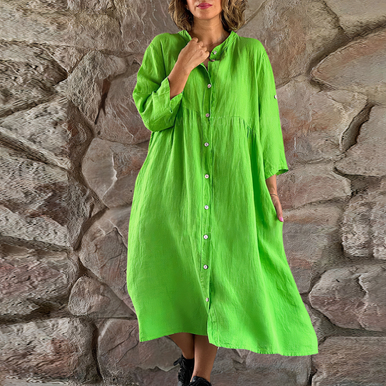 Women's Linen Long Dress - Button Front - 3/4 Sleeve - Relaxed Fit with Pockets