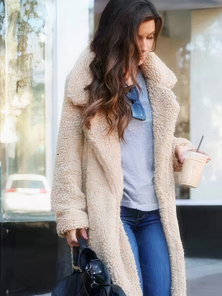 Women's lapel plush open front coat