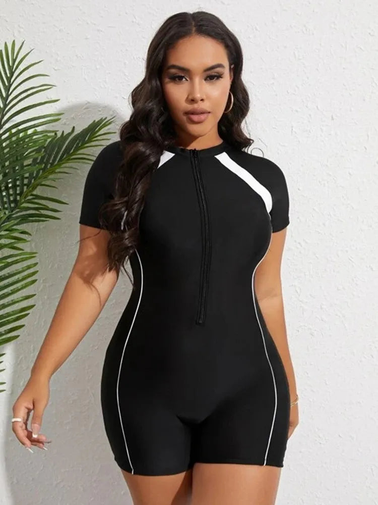 Women's Short-Sleeve Romper - Fitted Stretch One-Piece - Zip Front Athletic Casual