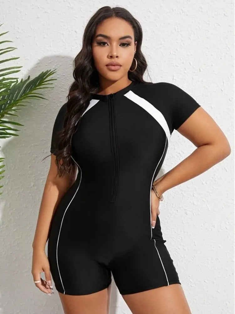 Women's Short-Sleeve Romper - Fitted Stretch One-Piece - Zip Front Athletic Casual