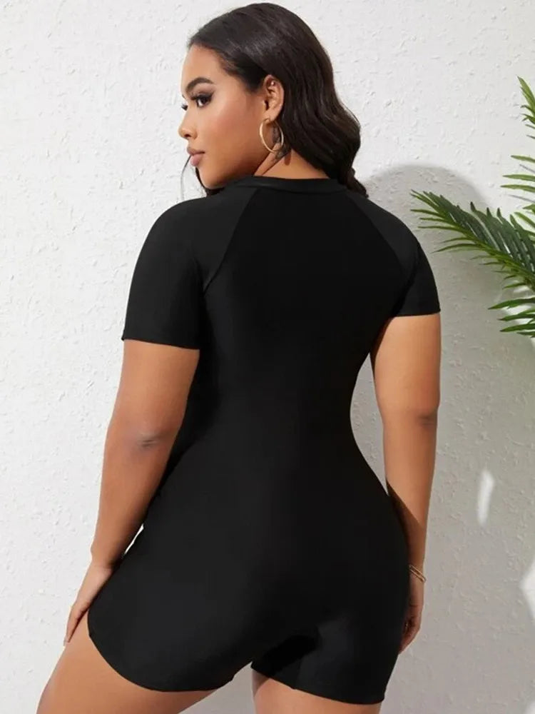 Women's Short-Sleeve Romper - Fitted Stretch One-Piece - Zip Front Athletic Casual