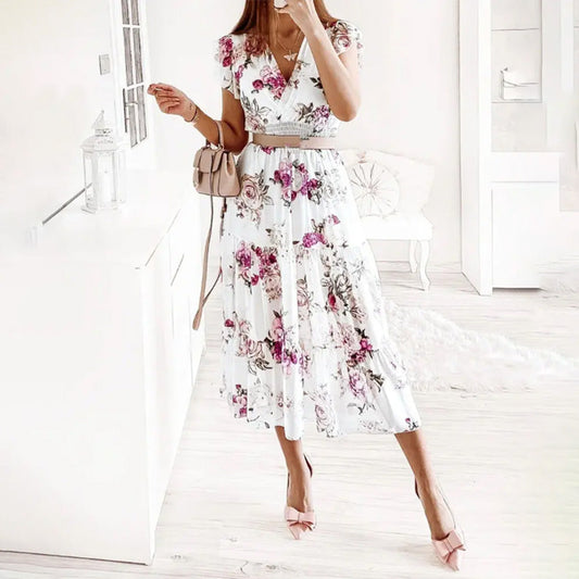Ruffle Sleeve Cinched Waist Midi Dress