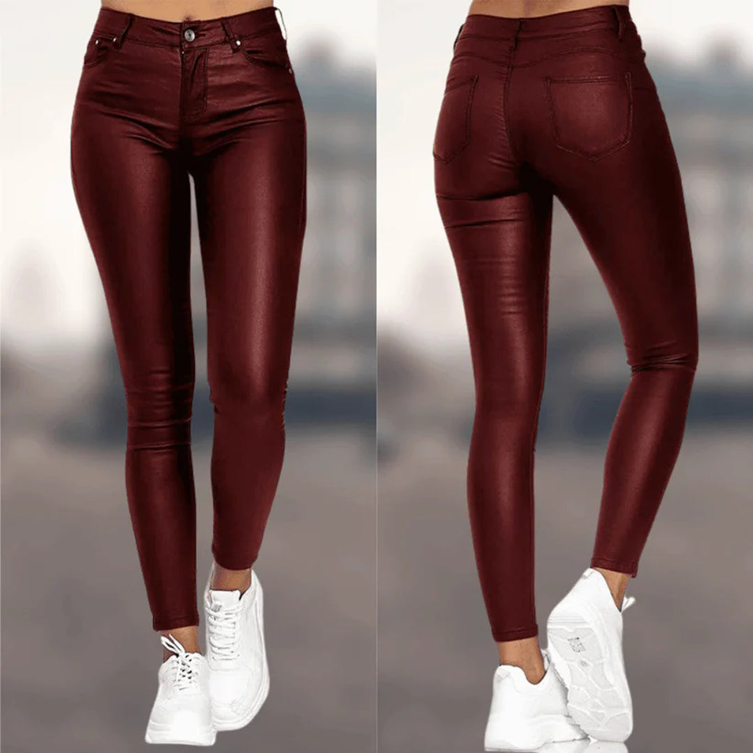 Women’s Faux Leather Leggings - High Waisted - Slim Fit - Full Length with Pockets