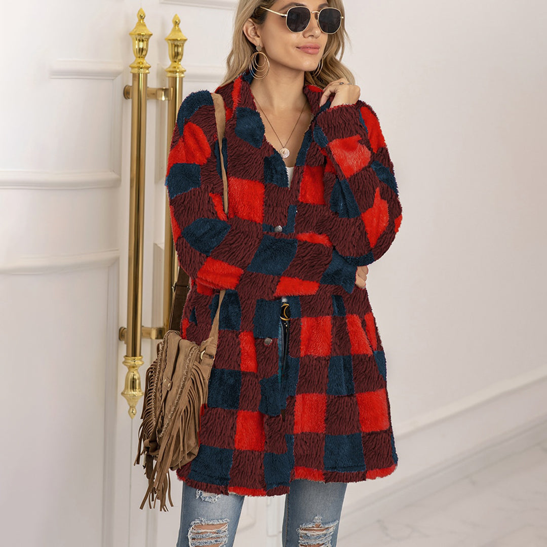 Women's plush plaid midi-length button-down coat