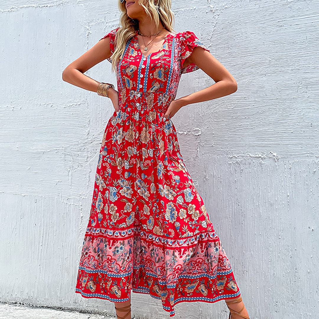 Women's Maxi Dress - Boho Floral Print - Short Ruffled Sleeves - Flowy Elastic Waist