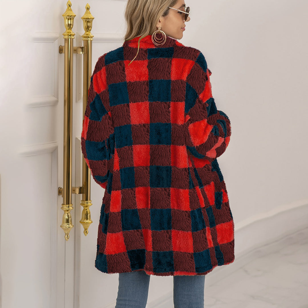 Women's plush plaid midi-length button-down coat