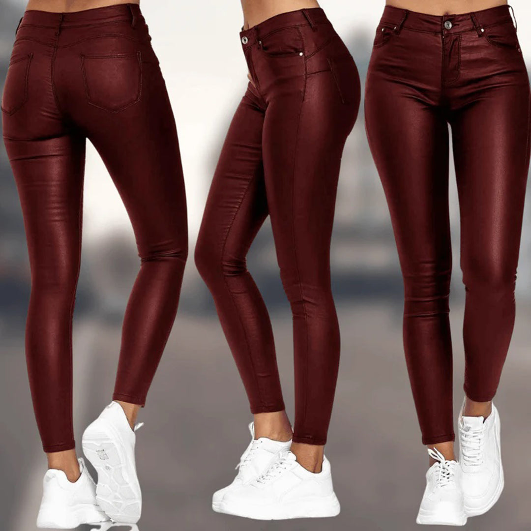 Women’s Faux Leather Leggings - High Waisted - Slim Fit - Full Length with Pockets