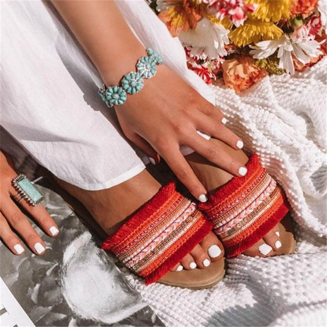 Women's Slide Sandals - Embroidered Boho Style - Fringe Detailing - Flat Sole