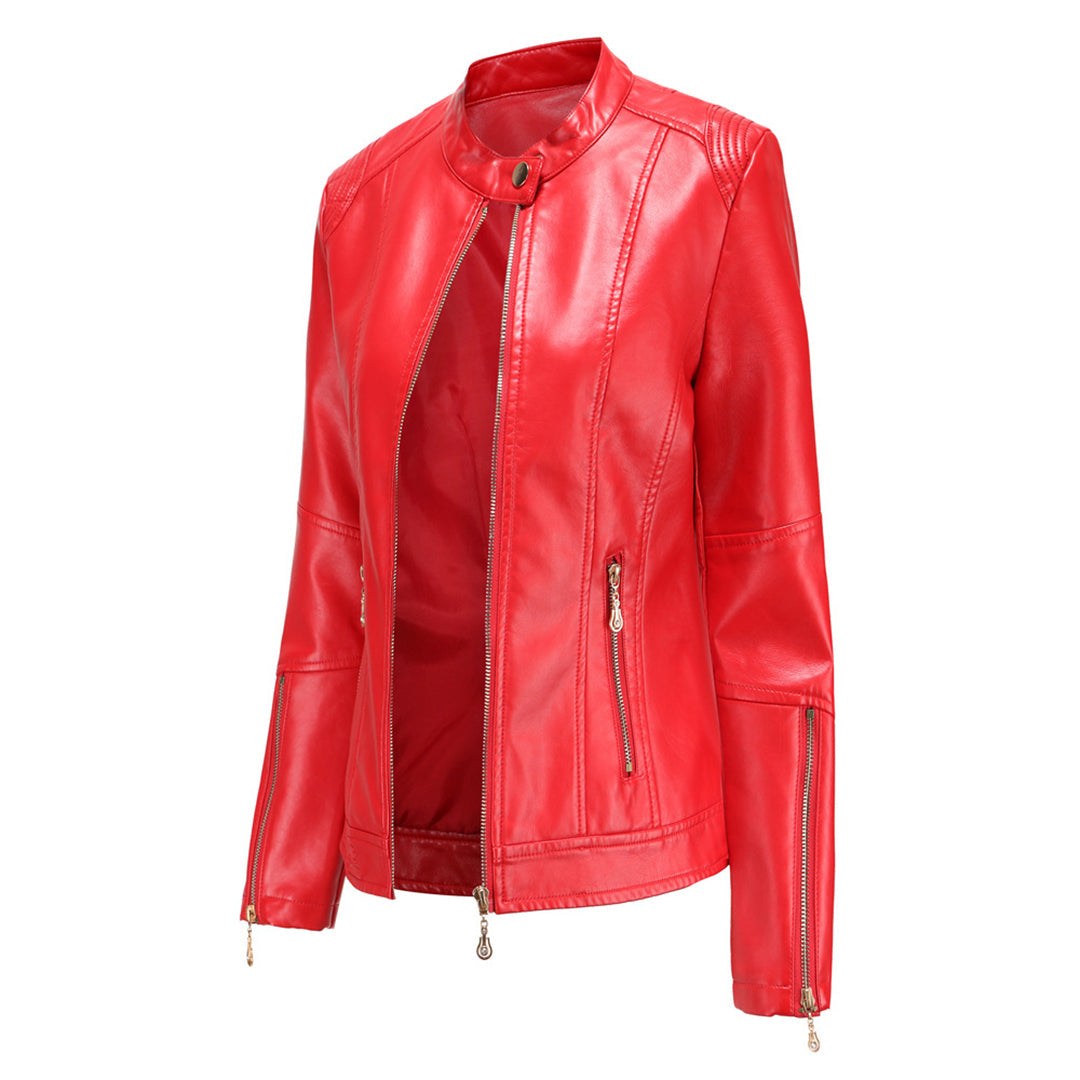 Women's leather short jacket with stand collar