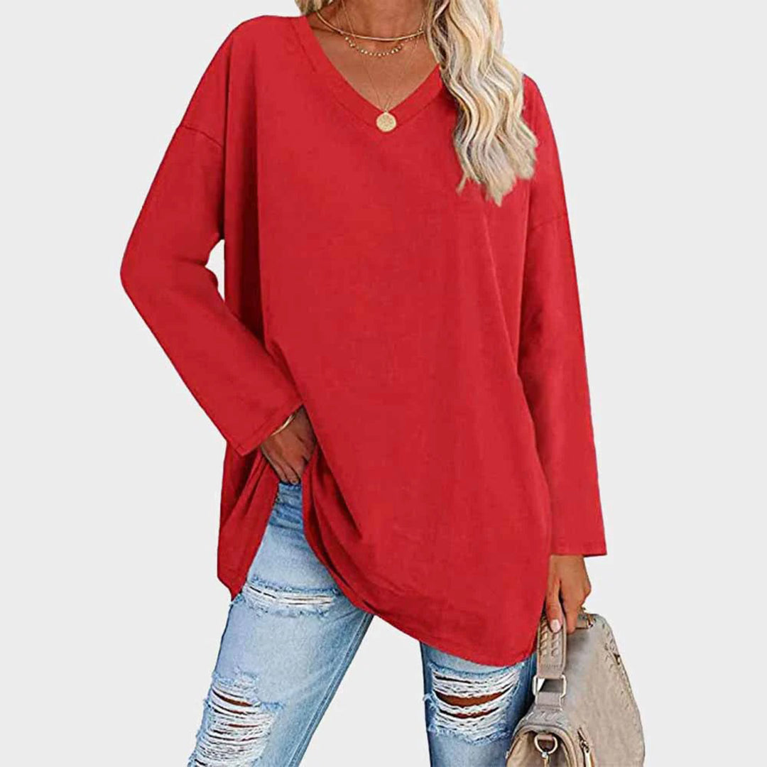 Women's Long-Sleeve Sweater - Loose Fit V-Neck - Soft Knit Casual Tunic