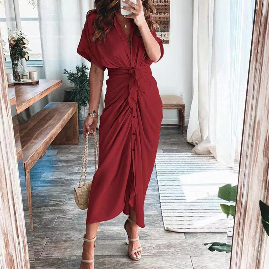 Women's Midi Wrap Dress - Button Down - Waist Tie - Short Sleeve Flowy Fit
