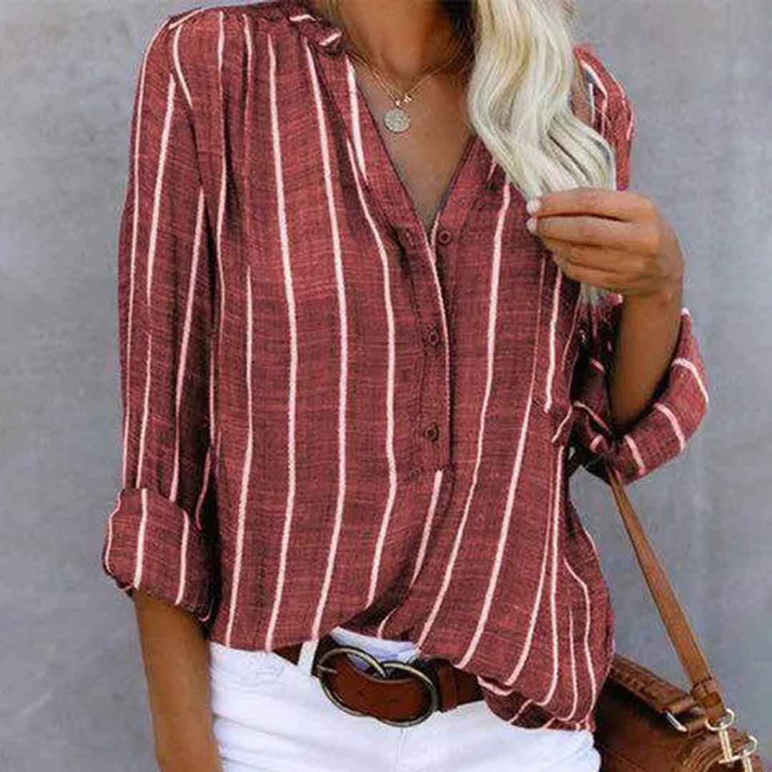 Women's Striped Blouse - V-Neck Buttoned - 3/4 Roll-Up Sleeve - Relaxed Fit