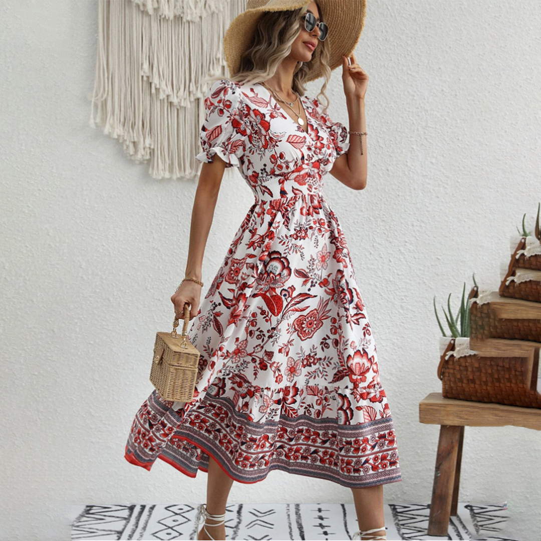Floral Print Cinched Waist Midi Dress
