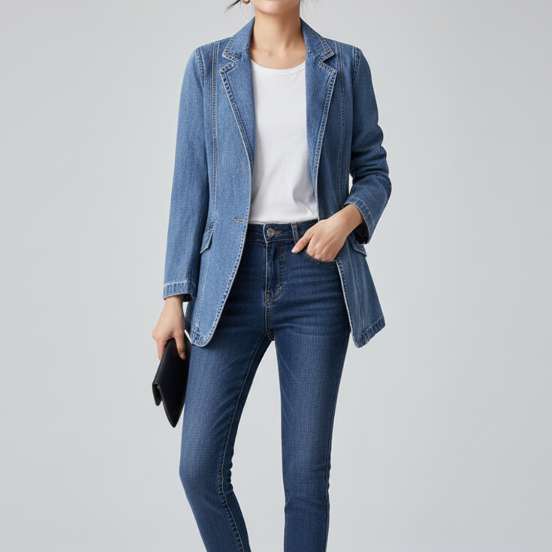 Women’s Denim Blazer - Tailored Fit - Single-Breasted - Lapel Collar - Flap Pockets