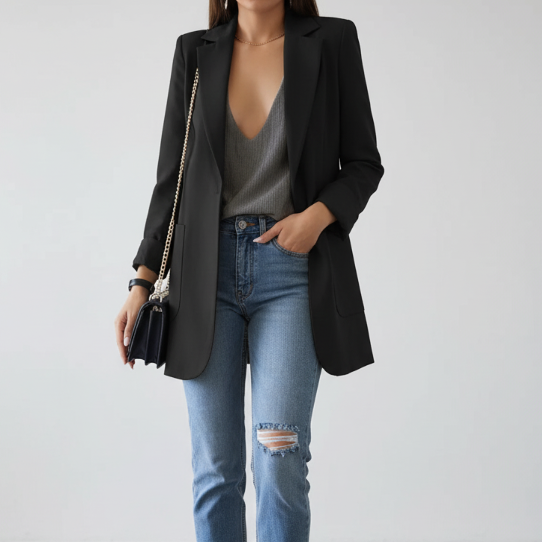 Women’s Blazer – Tailored Longline Fit – Open Front – Notched Lapel – Flap Pockets